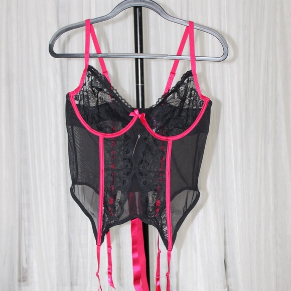 Adore Me. Black & Hot Pink Lace Bustier Corset with Garters.  Various Sizes - Picture 2 of 8